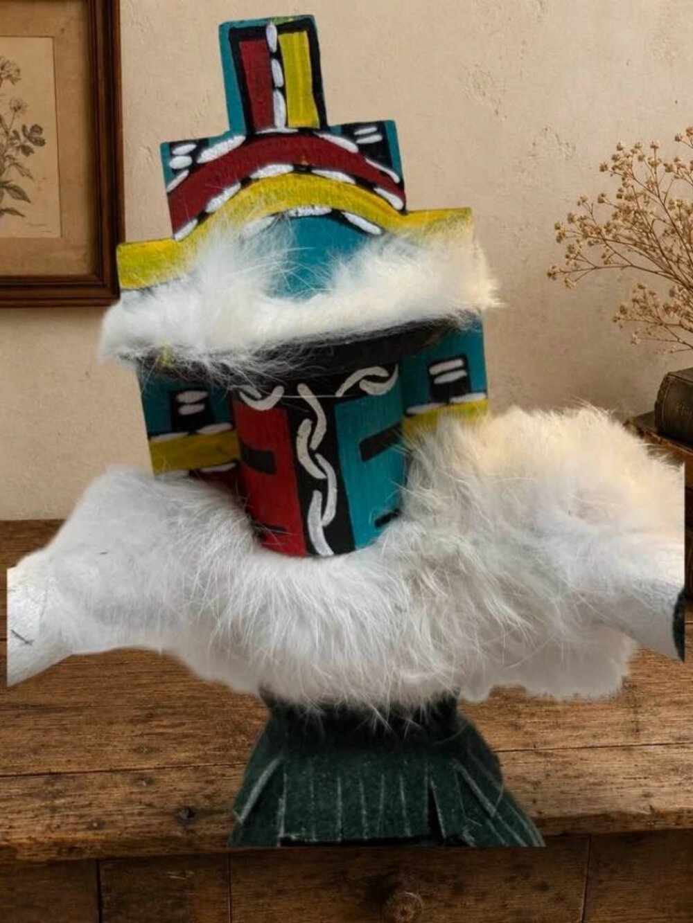 Handmade Native American Kachina Doll Signed Jemez Fur & Painted Wooden Details - Picture 5 of 7